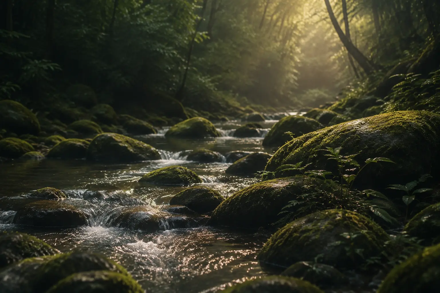 Água atravessando pedras cobertas por musgo em uma floresta